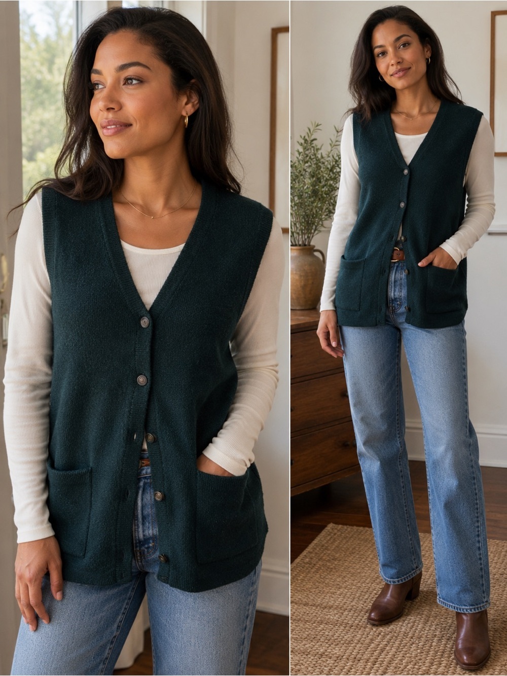 Beautiful Vintage Women’s Wool Dark Green V-Neck Button Sweater Vest